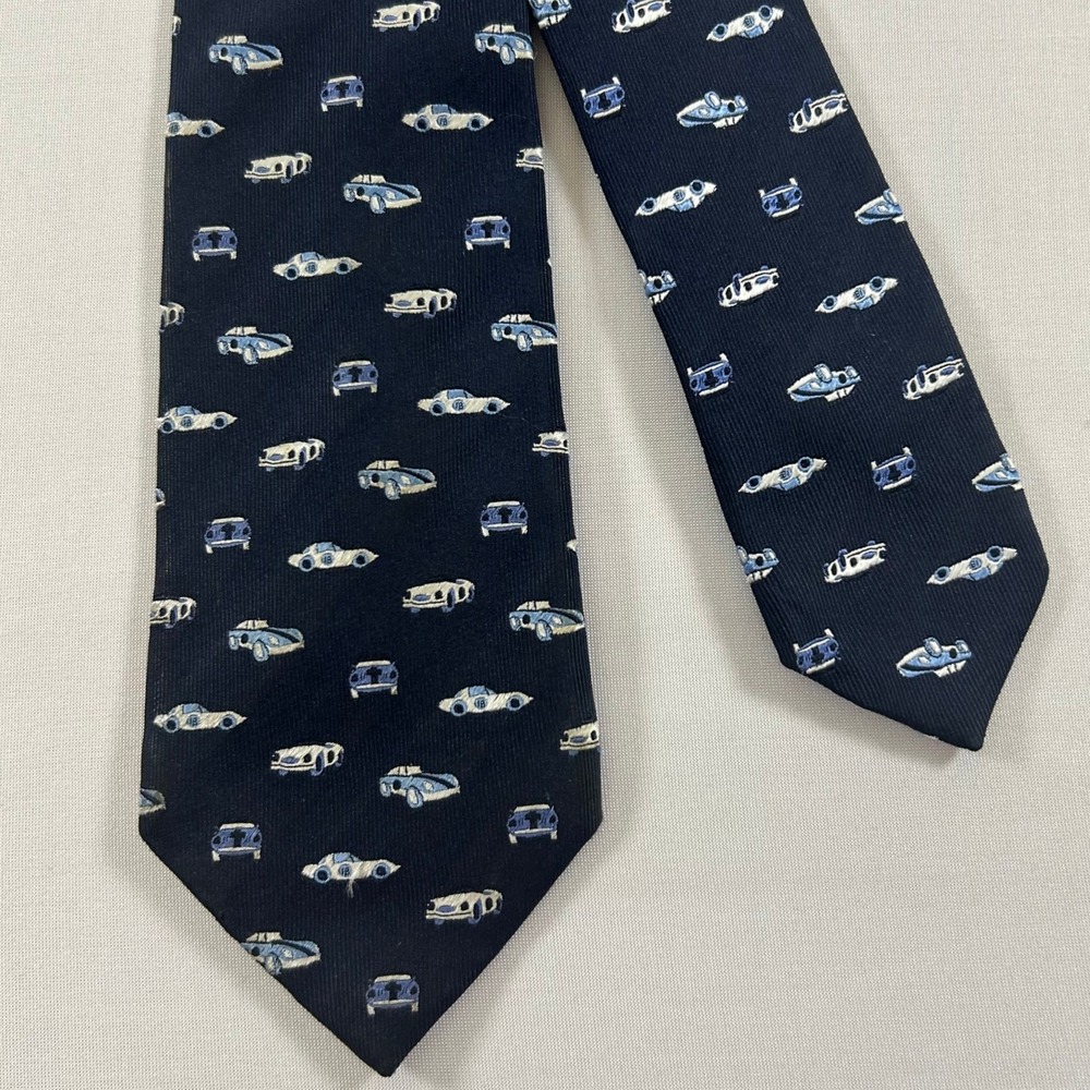 Banana Republic Necktie Mens Navy Blue Silk Vintage Sports Car Print‎ Tie 62x3"